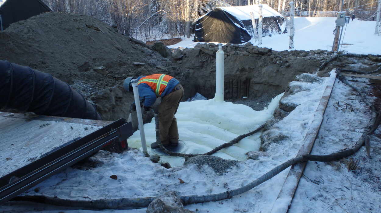Photo of man working on-site with underground water tank and snow in Moose Creek, AK
