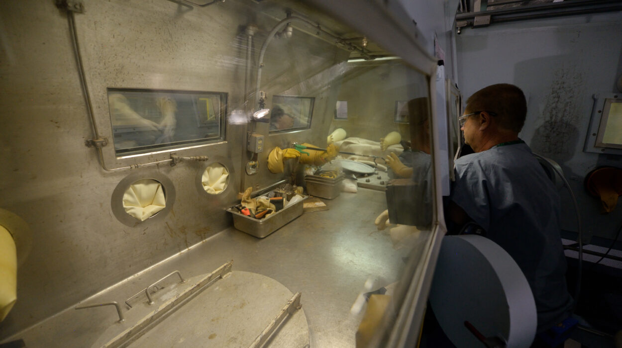 Photo of employee working with arms in a glovebox system