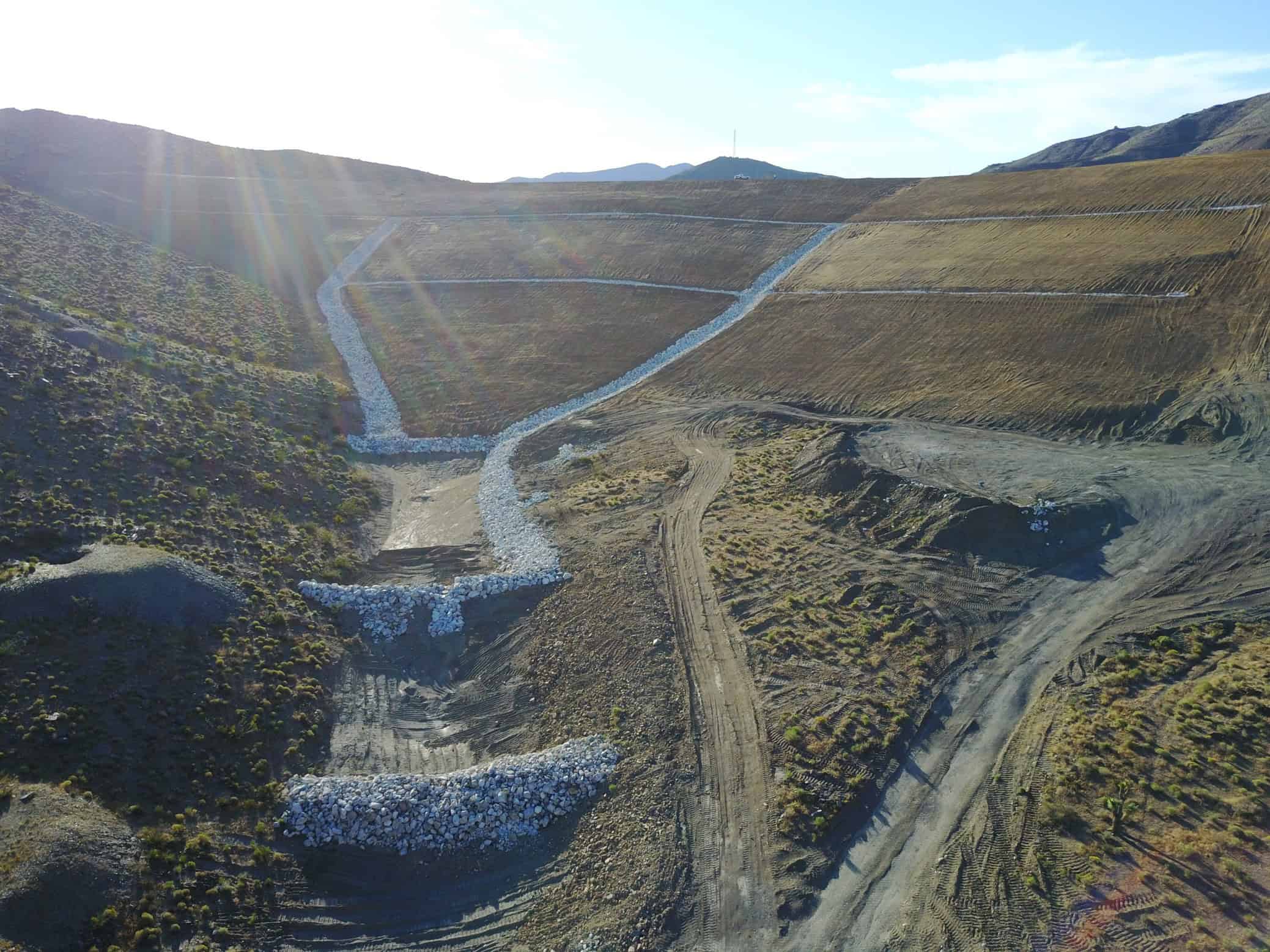 Aerial photo of the Bureau of Land Management Abandoned Mine Land sediment ponds at the base of Yellow Aster Dam