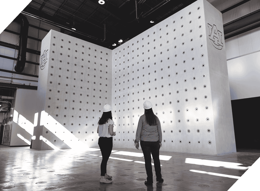 Workers in hard hats looking at wall